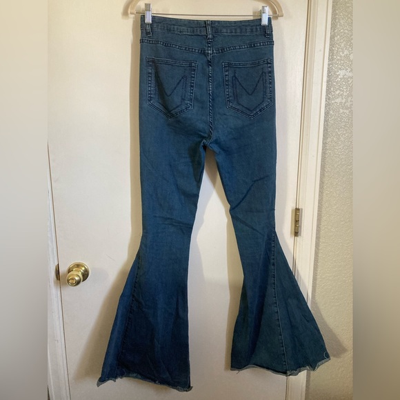 🌞Mumu Blue Medium Wash Hi Rise Flare Large Bell Bottom Raw Hem Denim Jean’sA216 - Picture 10 of 10